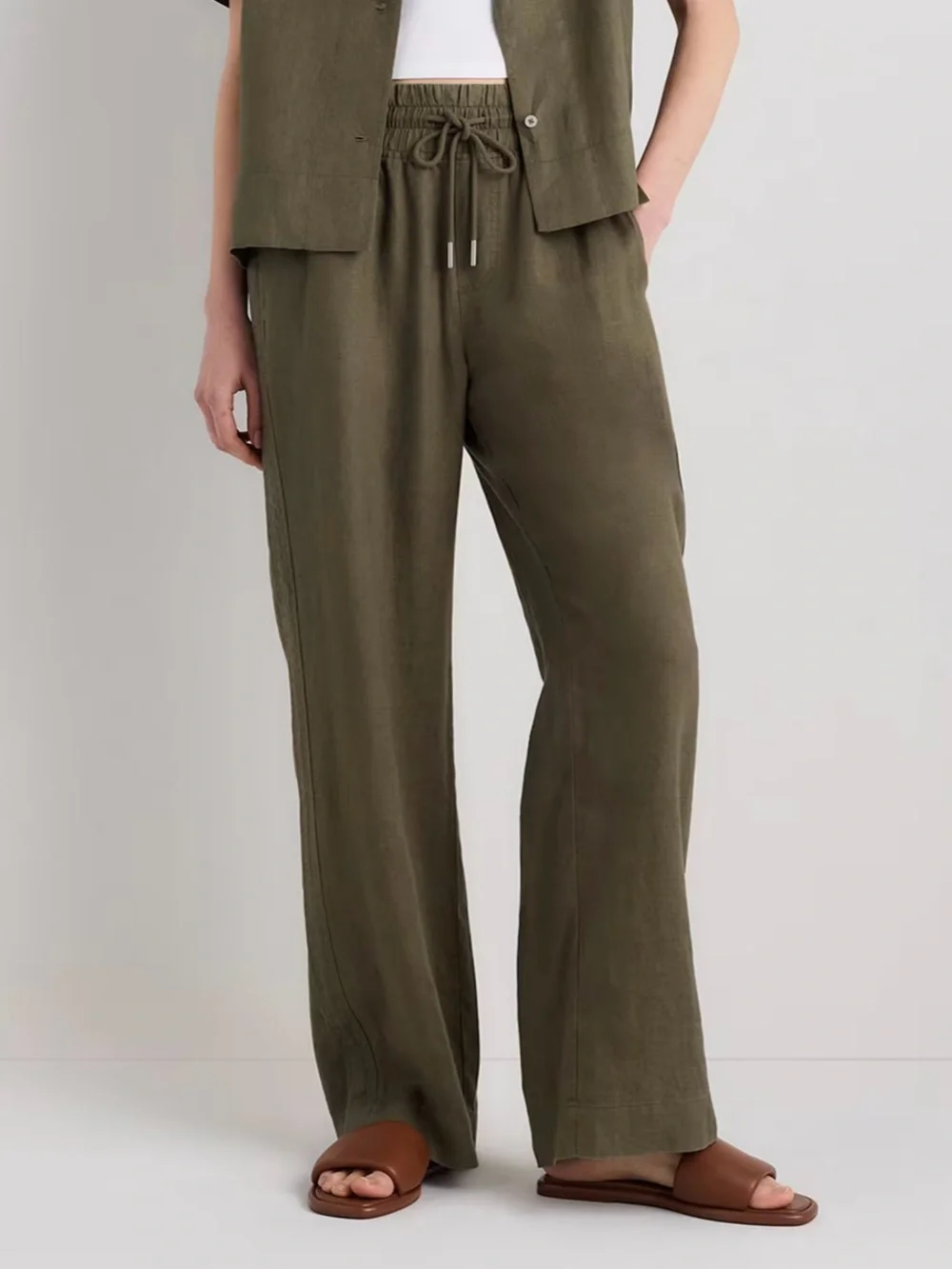 Quince 100% European Linen Wide Leg Pants in Bayberry Olive - Size XL